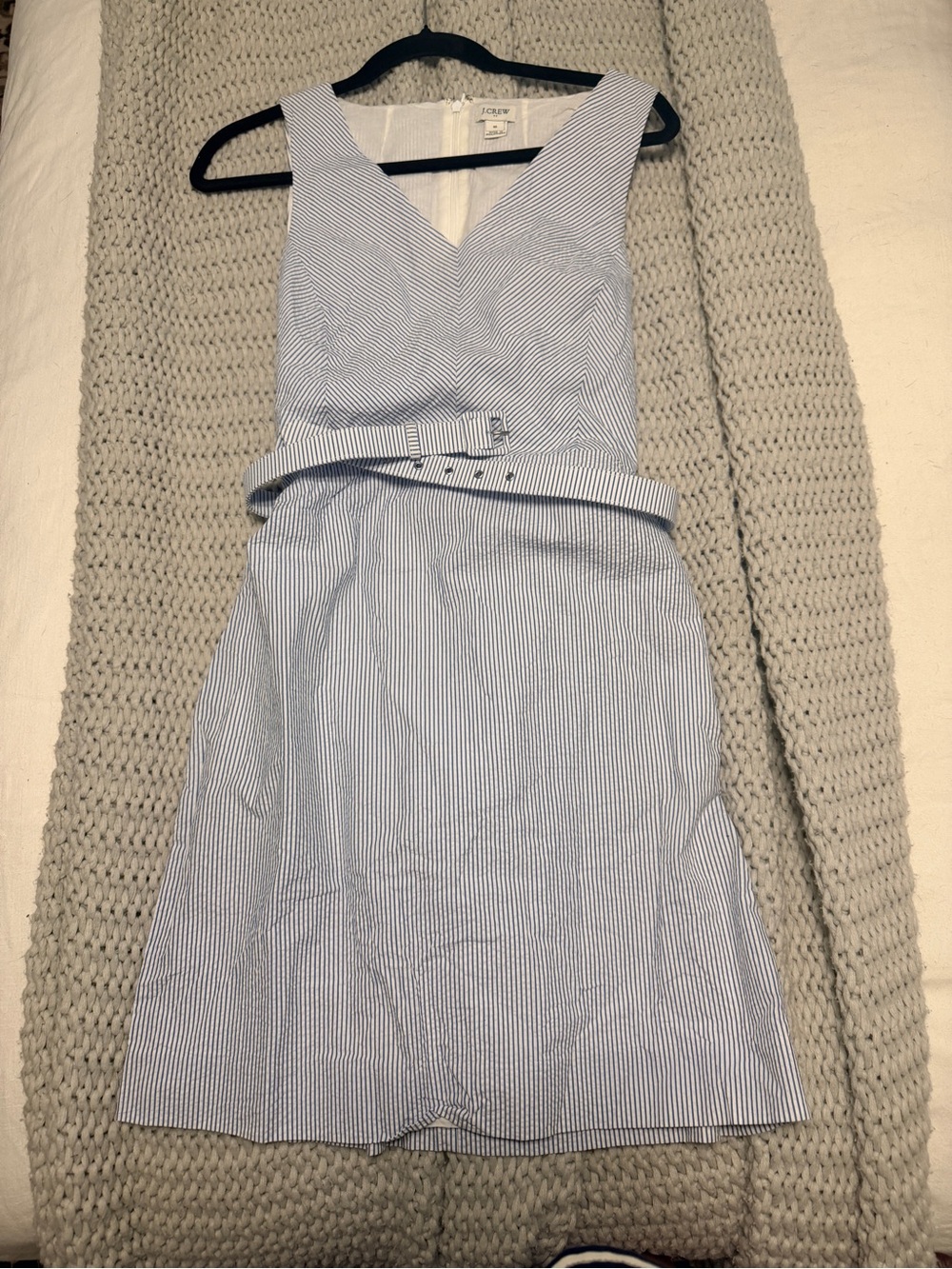 J. Crew Blue and White Striped Sleeveless Dress with Belt